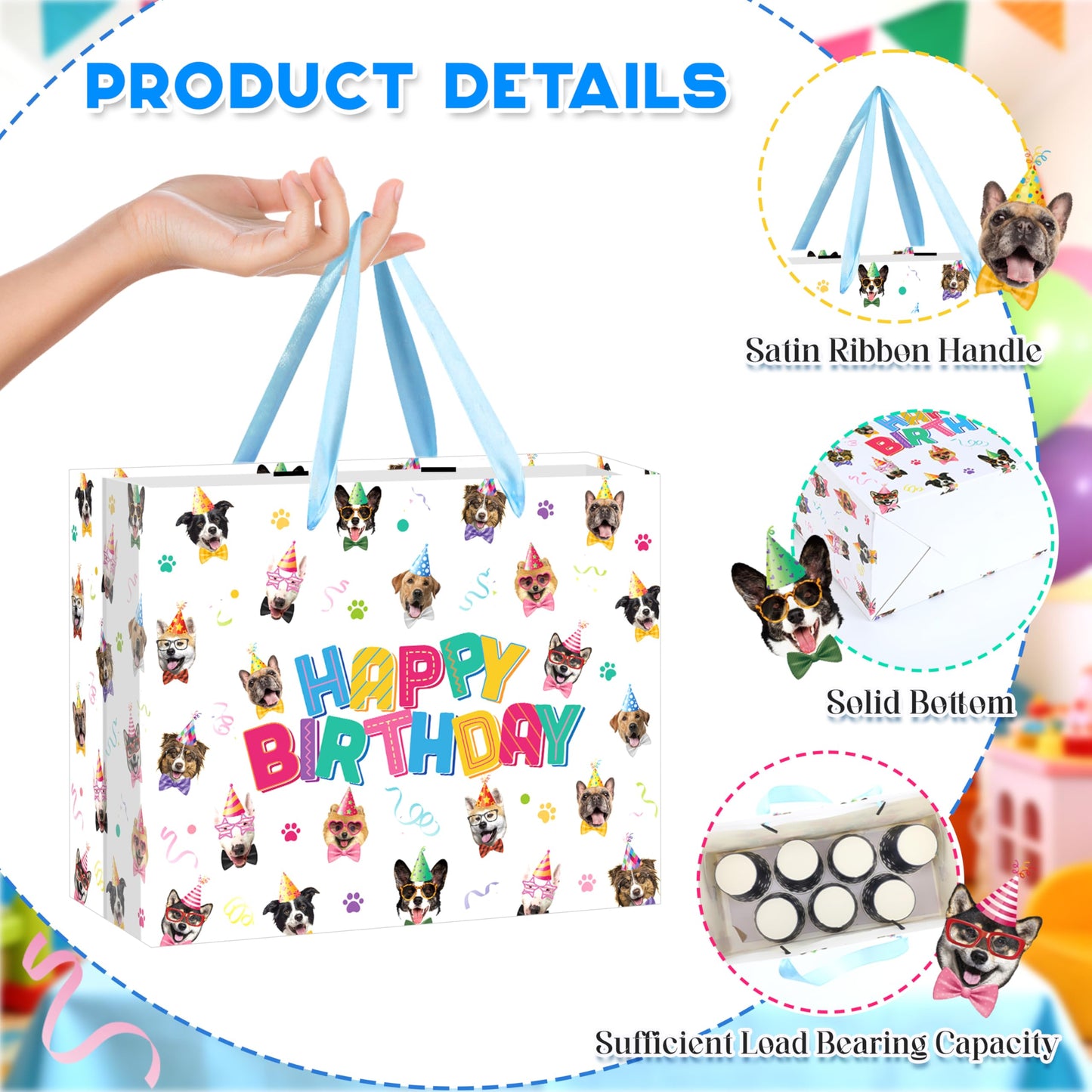 Wauprant Dog Birthday Gift Bag with Tissue Paper Greeting Card Puppy Happy Birthday Bags Wrapping Bag Puppy Theme Party Decorations Favor Supplies for Boys Girls Dog Lover