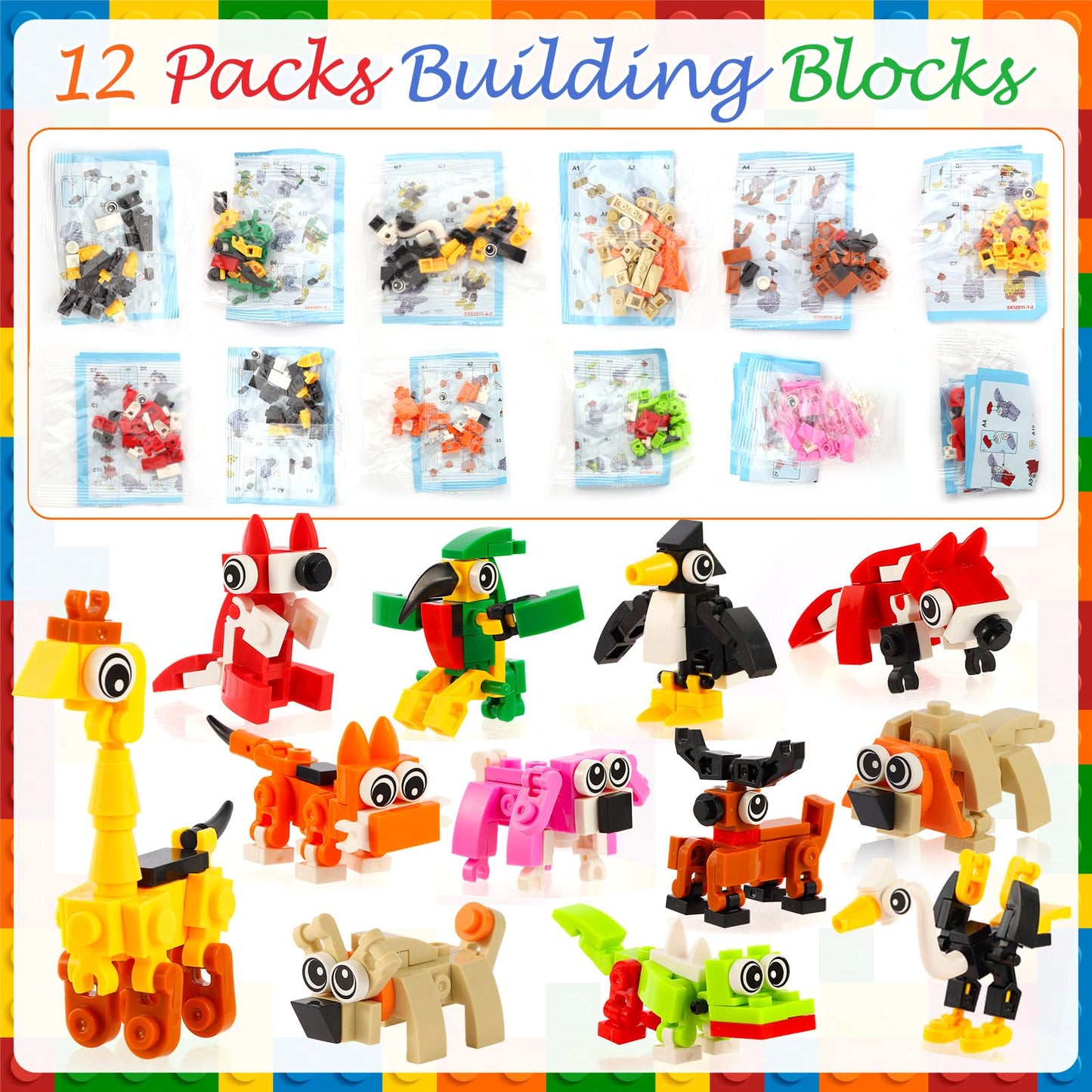LiYiQ 134 Pcs Building Blocks Party Favors with Reusable Drinking Straws Animal Building Blocks Slap Bracelets Keychains Stamps Stickers and Gift Bags Gamer Birthday Party Supplies (Building)