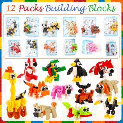 LiYiQ 134 Pcs Building Blocks Party Favors with Reusable Drinking Straws Animal Building Blocks Slap Bracelets Keychains Stamps Stickers and Gift Bags Gamer Birthday Party Supplies (Building)