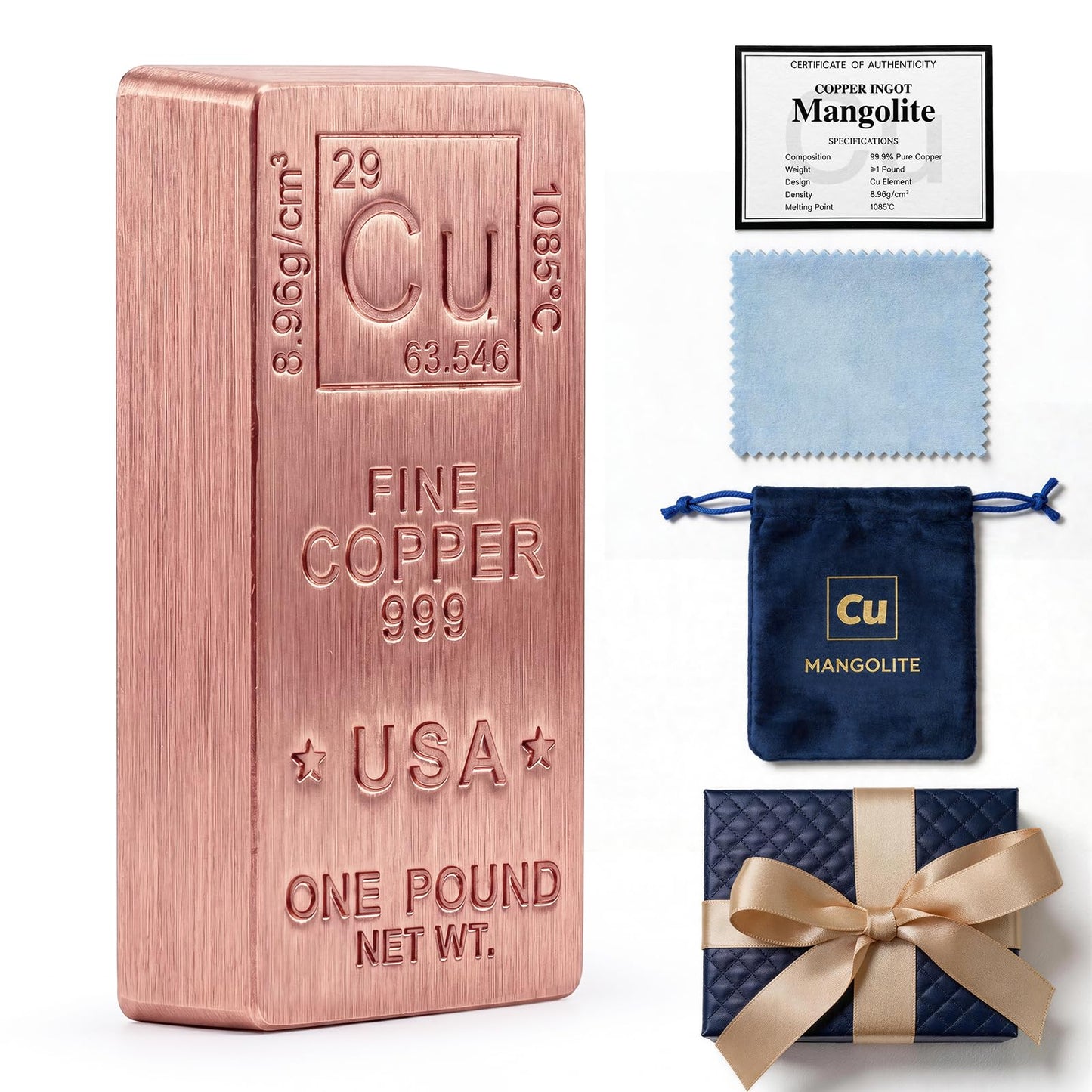 1 Lb Copper Bar .999 Pure Copper Bullion - Solid, Heavy & Beautiful Cu-Designed Ingot - Desk Display, Paperweight, 7th Anniversary Wedding Gift for Him/Her with COA, Gift Box, Pouch & Cloth