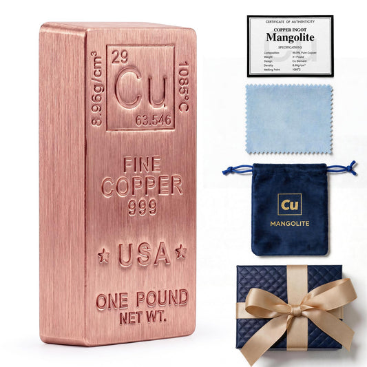 1 Lb Copper Bar .999 Pure Copper Bullion - Solid, Heavy & Beautiful Cu-Designed Ingot - Desk Display, Paperweight, 7th Anniversary Wedding Gift for Him/Her with COA, Gift Box, Pouch & Cloth