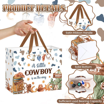 Frakron Cowboy Baby Shower Birthday Gift Bag for Baby Boys A Little Cowboy is On The Way Bag with Wrapping Paper Card Western Rodeo Gift Bag for Wild West Baby Shower Birthday Party Supplies