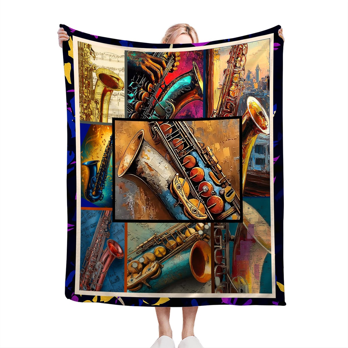 Taimeng Saxophone Throw Blanket, Sax Jazz Music Themed Blanket, Musicians Music Lovers Stuffed Fleece Cozy Flannel Warm Lightweight Blankets Gifts for Kids Teens Women Men Girls Boys 40"X50"