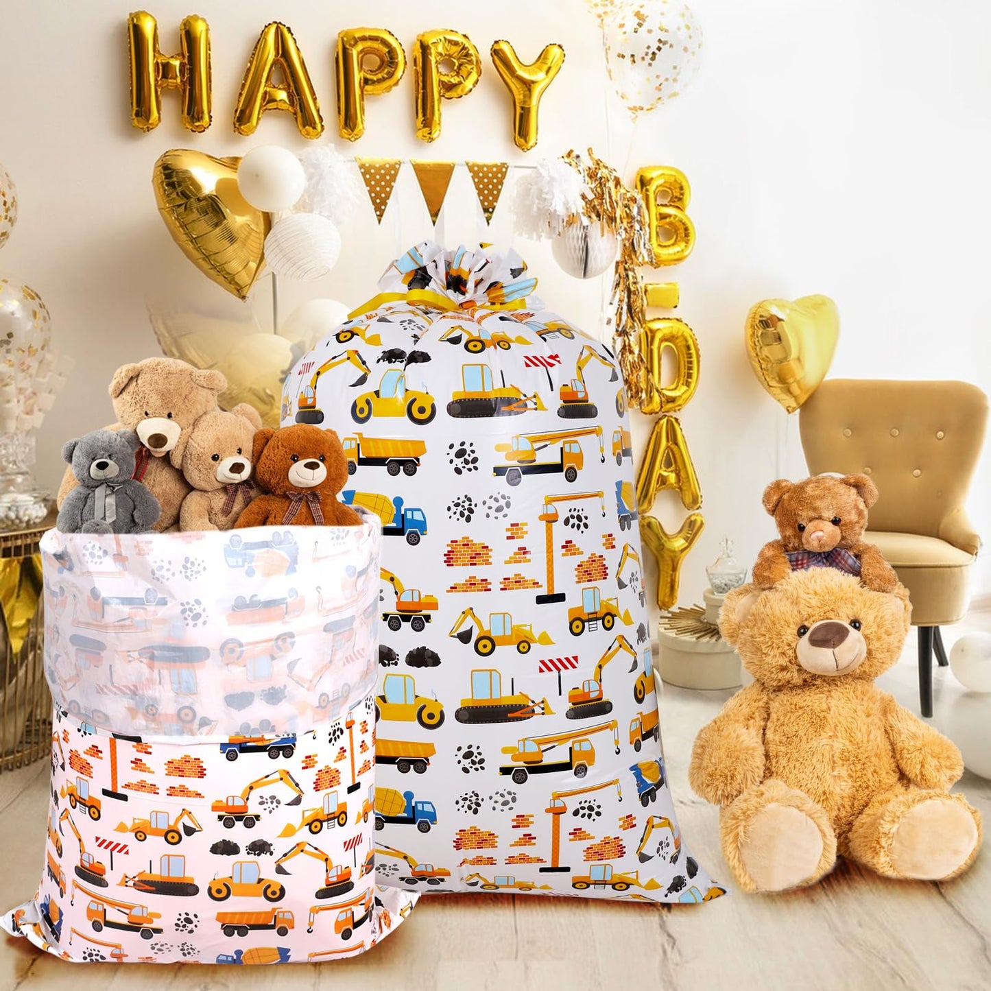 Extra Large Plastic Gift Bag, 56" H x 36" W Jumbo Gift bag Printed Children's Engineering Vehicles Excavator Gift Bag, Specially Set for Birthday Parties and Holidays