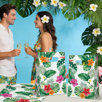 FRIDAY NIGHT 24 Pcs Luau Party Favor Bags Hawaiian Tropical Gift Bags with Handles White Paper Treat Bags Monstera Leaf Floral Design for Summer Birthday Decorations