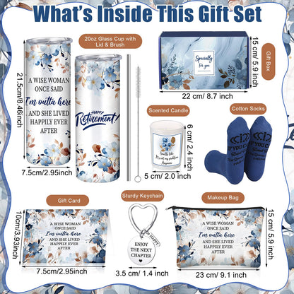Bokon 9 Pcs Blue Brown Retirement Gifts for Women Teacher End of School Year Retired Gifts Set for Teachers Cna Nurse Coworker with 20oz Tumbler Candle Socks & Keychain Relaxation Gift Box