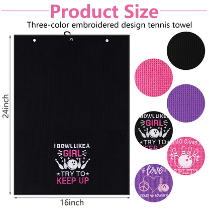 3 Pcs Bowling Towel Soft Embroidered Towels with Grommet Funny Bowling Ball Towel Absorbent Hand Towels Accessories Fans Birthday Xmas Gift for Women Sport Player Fitness Lovers Gift, 16 x 24 Inches