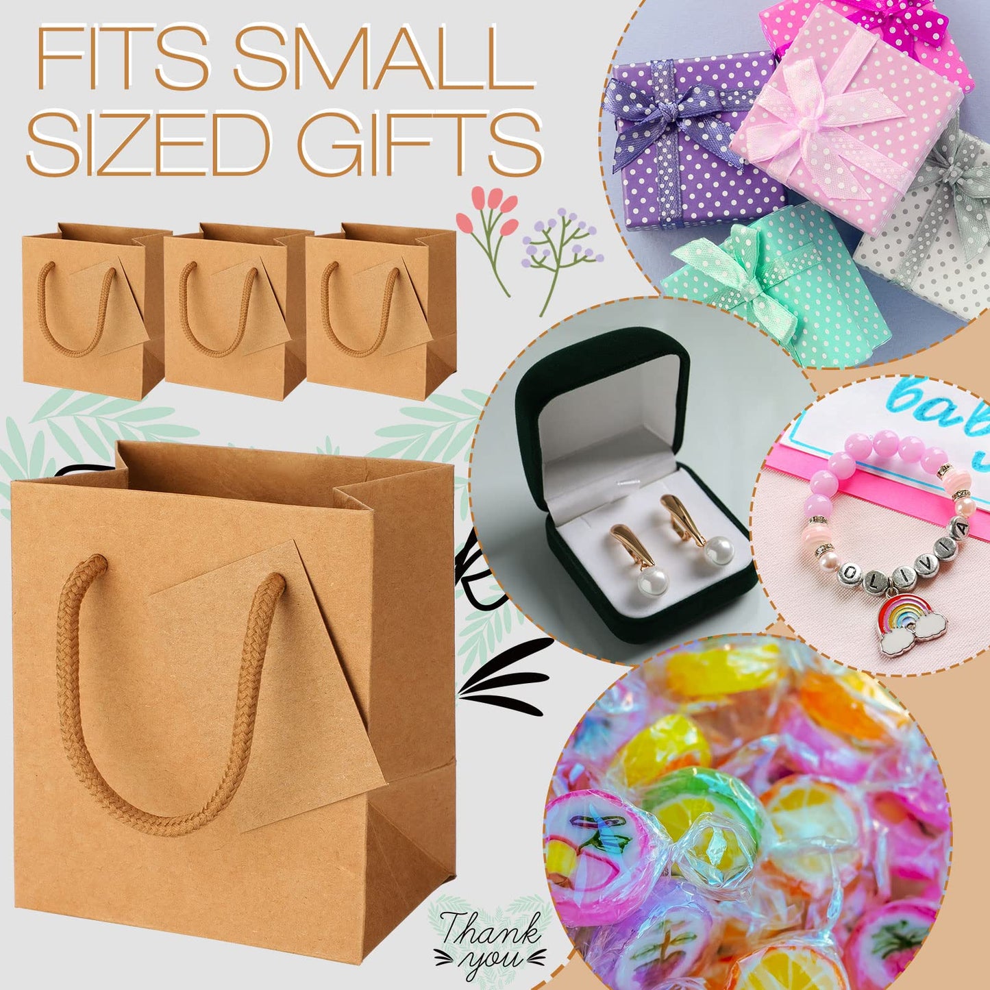 Sherr 100 Pcs Mini Gift Bags Bulk, 4 x 2.75 x 4.5 in Paper Bag with Tag, Extra Small Paper Gift Boxes with Handles for Birthday, Party Favor, Wedding, Small Business, Spring Easter(Brown)