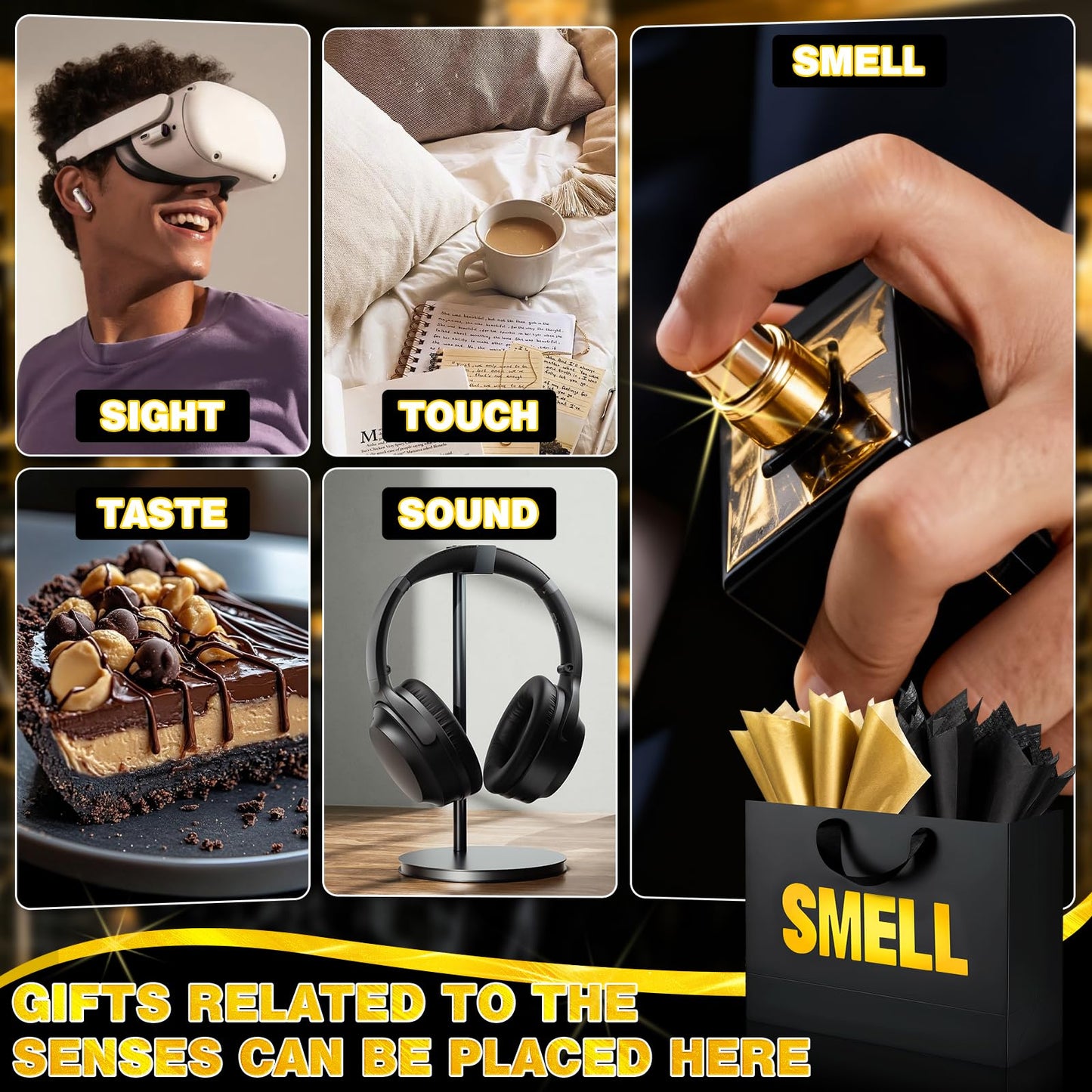 5 Senses Gift Bags for Him with Labels Tissue Paper, Five Senses Party Decoration Rose Petals Black Gold Balloons Greeting Card and Sign Holder Stand for Husband Boyfriend Birthday Party Decor