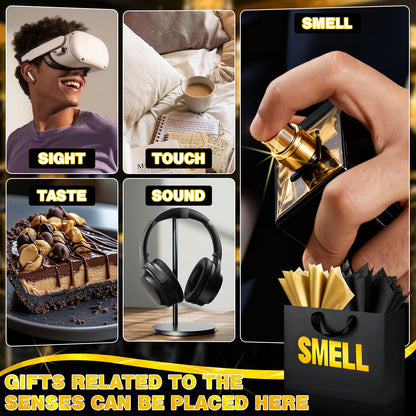 5 Senses Gift Bags for Him with Labels Tissue Paper, Five Senses Party Decoration Rose Petals Black Gold Balloons Greeting Card and Sign Holder Stand for Husband Boyfriend Birthday Party Decor