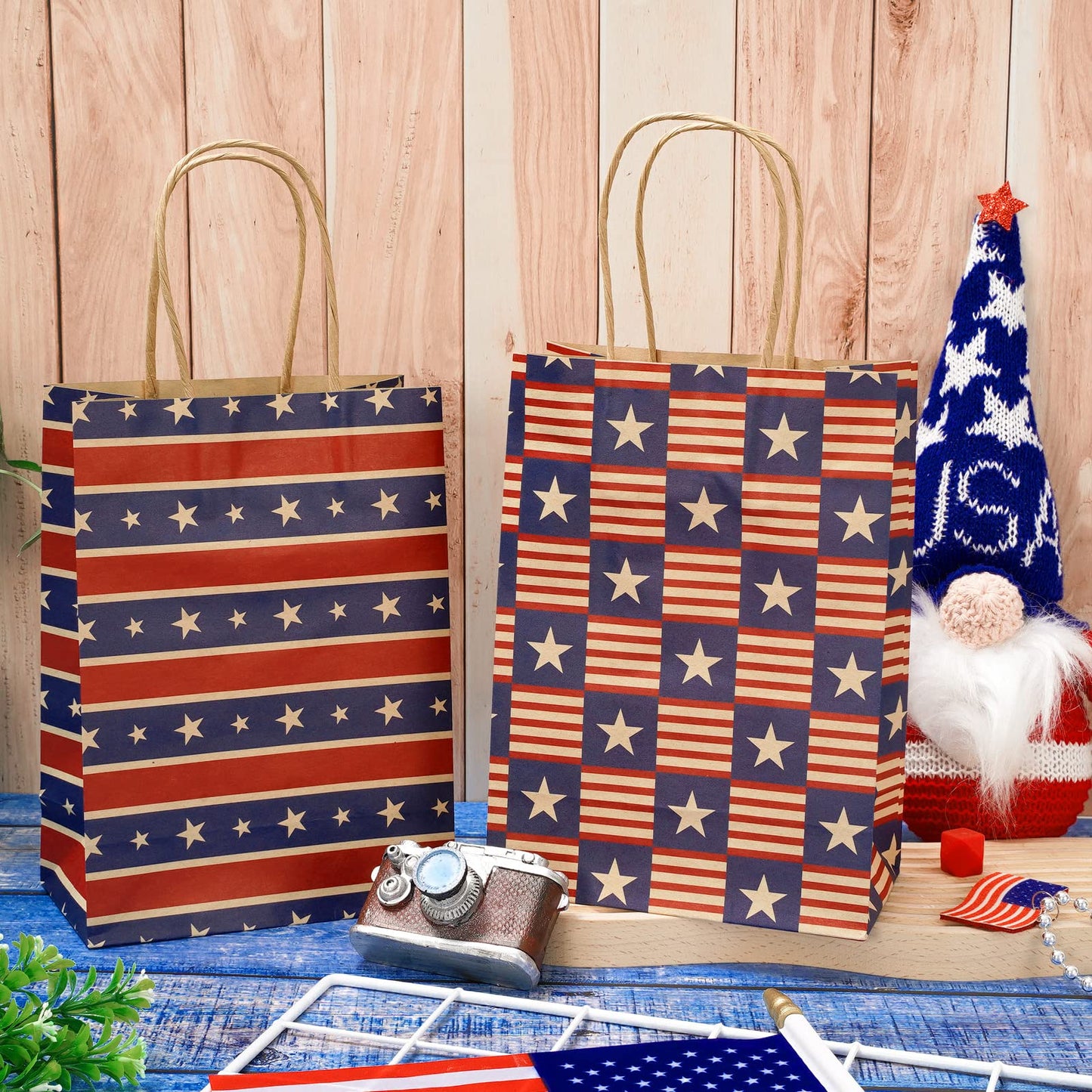 AnyDesign 16Pcs Patriotic 4th of July Paper Gift bags with Handle American Flag Star Stripe Party Favor Bags Candy Goodie Treat Bag for 250th Anniversary Independence Day, 5.9 x 8.3 x 3.1 In