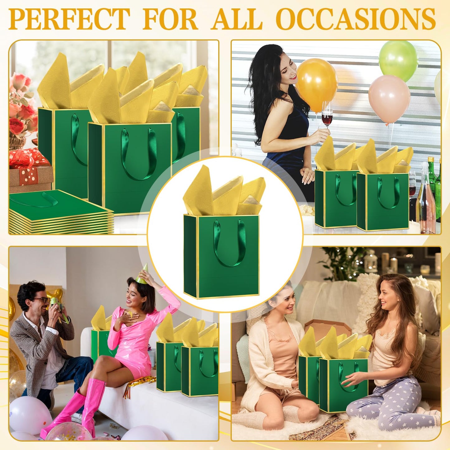 Epoesch 24Pcs Premium Gift Bags with Handles & Tissue Paper – 8"x5"x10" Green with Gold Edge –Thank You Bags for Father's Day, Birthdays Party, Wedding, Welcome Gift, Business