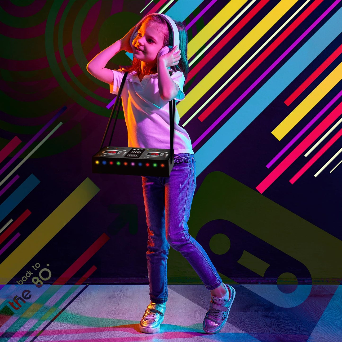 MotiMind 2 Pcs Dj Costume 80s 90s Hip Hop Costume Paper Dj Mixer Boxes with Strap Props Music Rapper Party Decorations Cosplay Party Novelty Retro Theme Music Neon Birthday Gifts