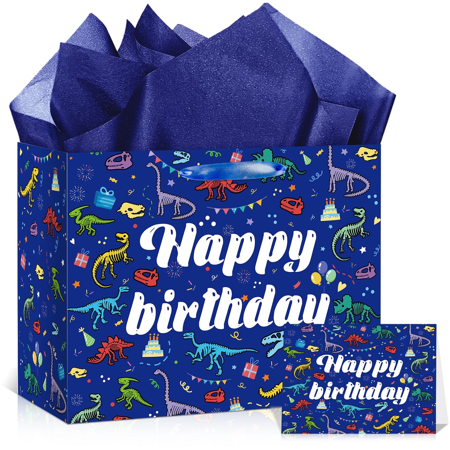 LUUFILx Dinosaur Happy Birthday Gift Bag for Boys Girls Dinosaur Wrapping Paper with Tissue Paper Greeting Card Blue Dinosaur Design Wrap Bag for Bday Baby Shower Party Decoration Supplies