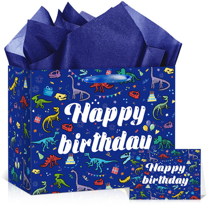 LUUFILx Dinosaur Happy Birthday Gift Bag for Boys Girls Dinosaur Wrapping Paper with Tissue Paper Greeting Card Blue Dinosaur Design Wrap Bag for Bday Baby Shower Party Decoration Supplies
