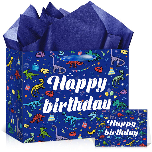 LUUFILx Dinosaur Happy Birthday Gift Bag for Boys Girls Dinosaur Wrapping Paper with Tissue Paper Greeting Card Blue Dinosaur Design Wrap Bag for Bday Baby Shower Party Decoration Supplies