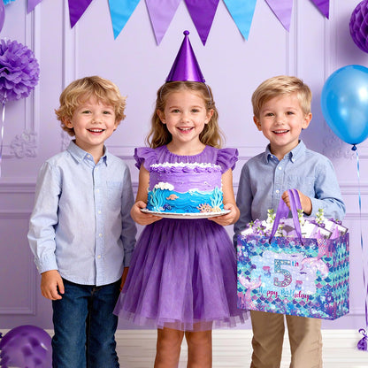 LUUFILx 5th Mermaid Birthday Gift Bag for Girls 5th Purple Mermaid Theme Birthday Wrapping Paper with Tissue Paper Greeting Card Purple Gift Bags with Ribbon Handle for Baby Shower Decor Supplies