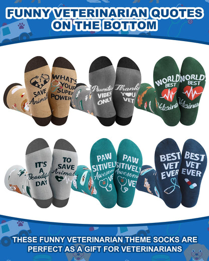 Skicuff 6 pairs Veterinary Socks for Women Men Novelty Veterinarian Cotton Socks Veterinary Week Gift for Doctor Vet Tech