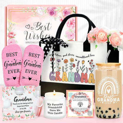 Grandma Gifts for Grandma Birthday Gifts from Grandkids Unique New Grandmother Gift for Nana Gift Ideas for Grandmas Cool Presents for Grandmas Bracelet Tote Bag Cup Candle Socks Acrylic Puzzle