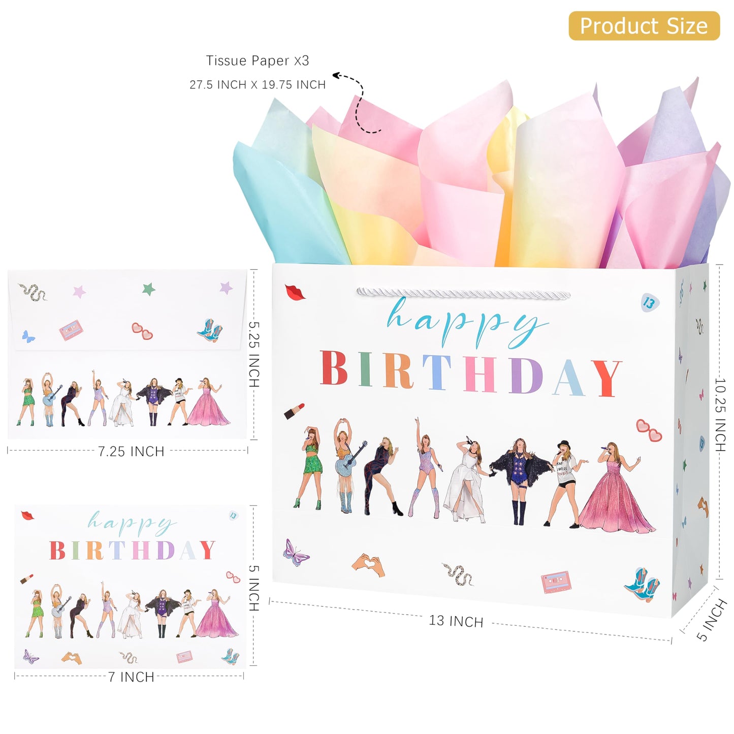 Crisky Large Happy Birthday Gift Bags for Women with Tissue Paper and Card, Music Lovers, Pop Singer Birthday Gift Bag with Handles for Party Decorations Supplies, 13"