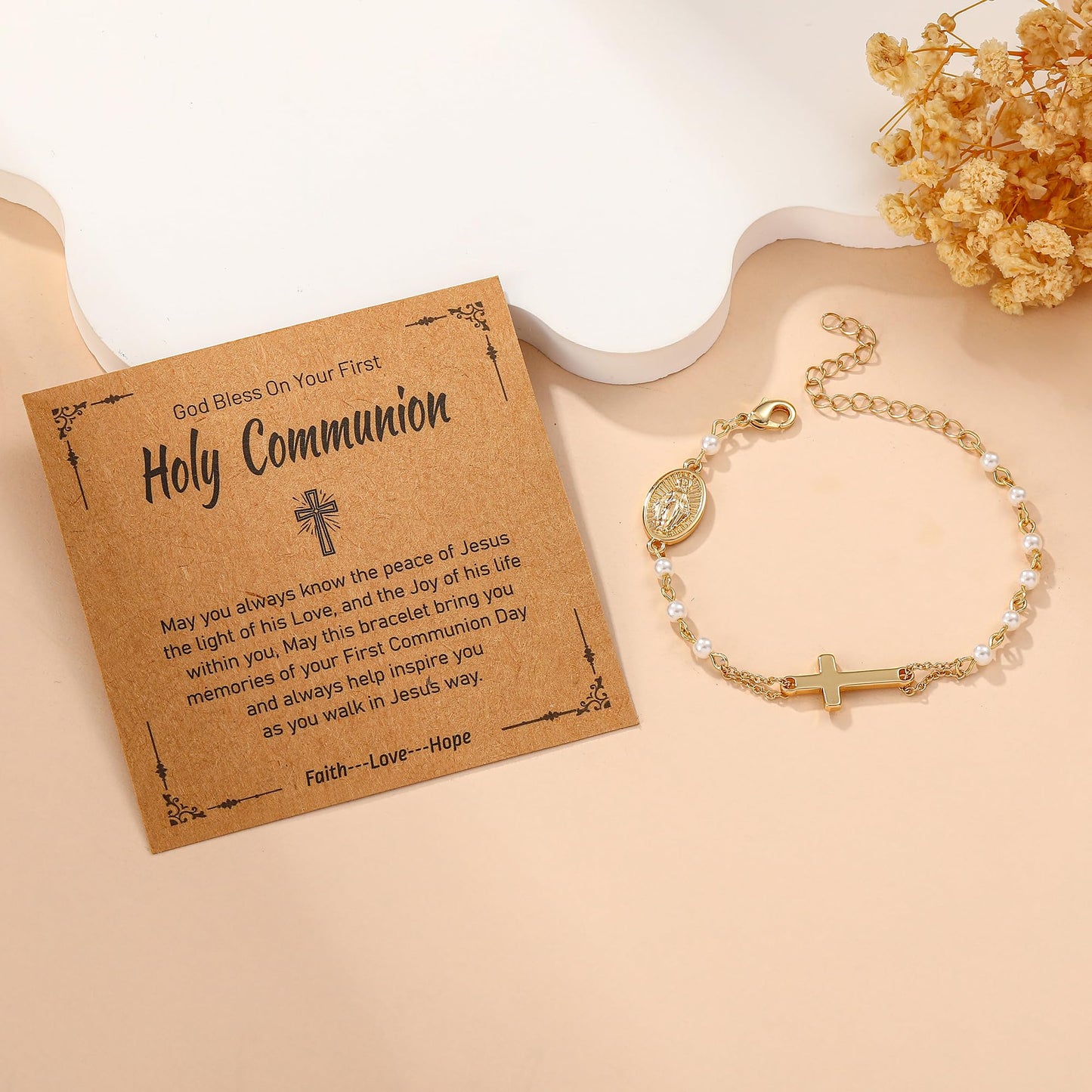 Catholic Bracelets Gifts for Women Girls, Simulated Pearl Rosary Beads Virgin Mary Cross Charm Bracelet Confirmation First Communion Baptism Religious Christian Jewelry Gift
