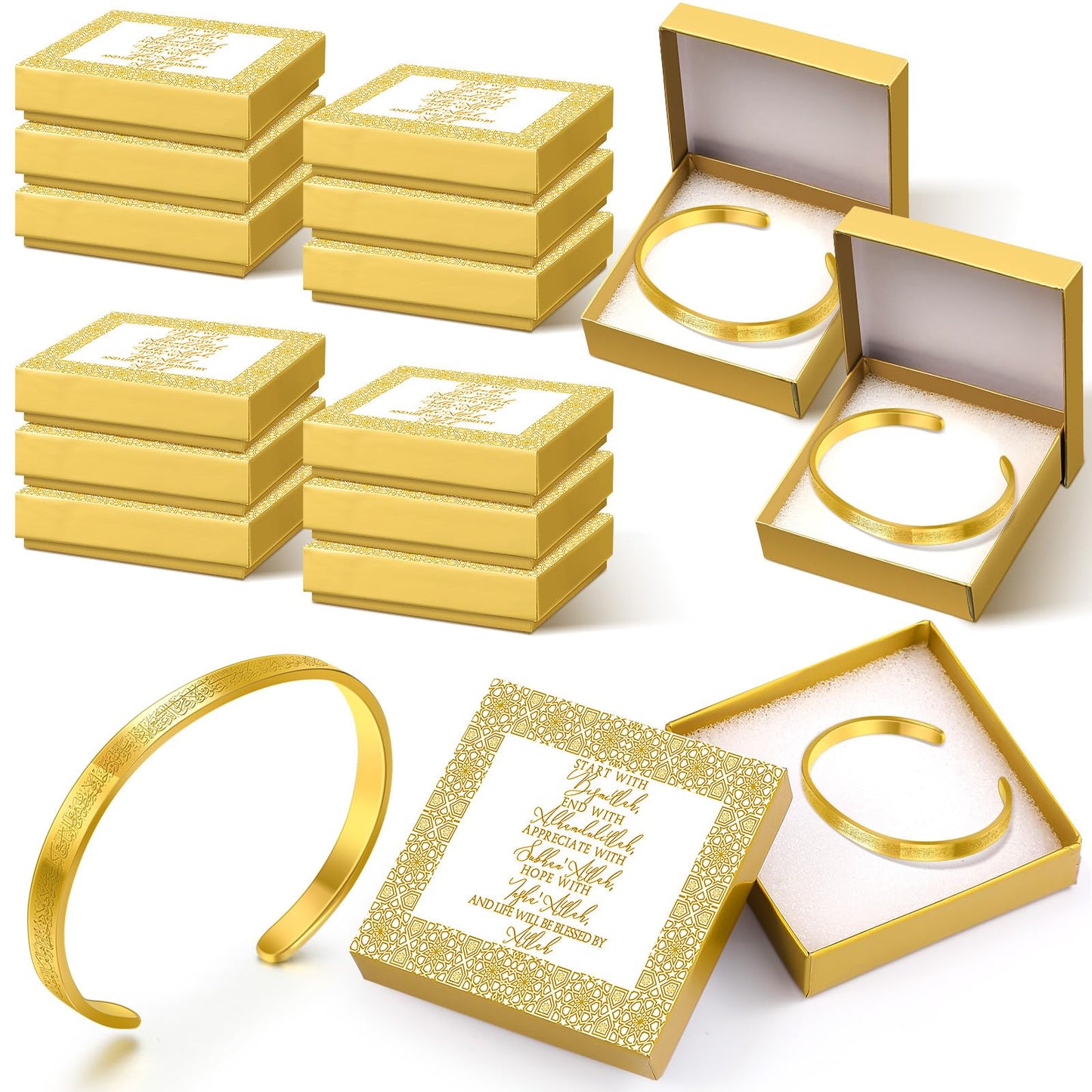 Ferreve 6/12/24 Sets Eid Al-adha Ayatul Kursi Bracelets Bulk Islamic Jewelry Gifts for Women Muslim Eid Mubarak Bracelets Arabic Calligraphy Cuff Gold Bangle with Box for Islamic Party Favor