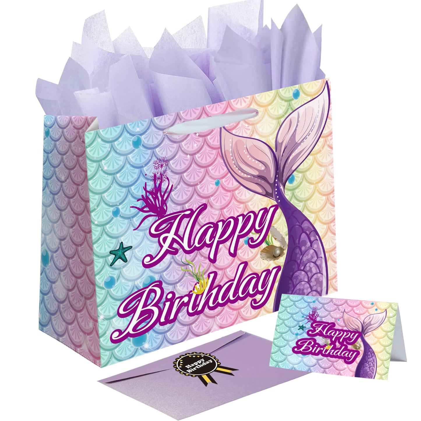 Sumerk 13" Mermaid Birthday Gift Bag with Tissue Papers and Greeting Card, Envelope and Stickers - Pink Purple Gifts Wrapping Bag for Birthday