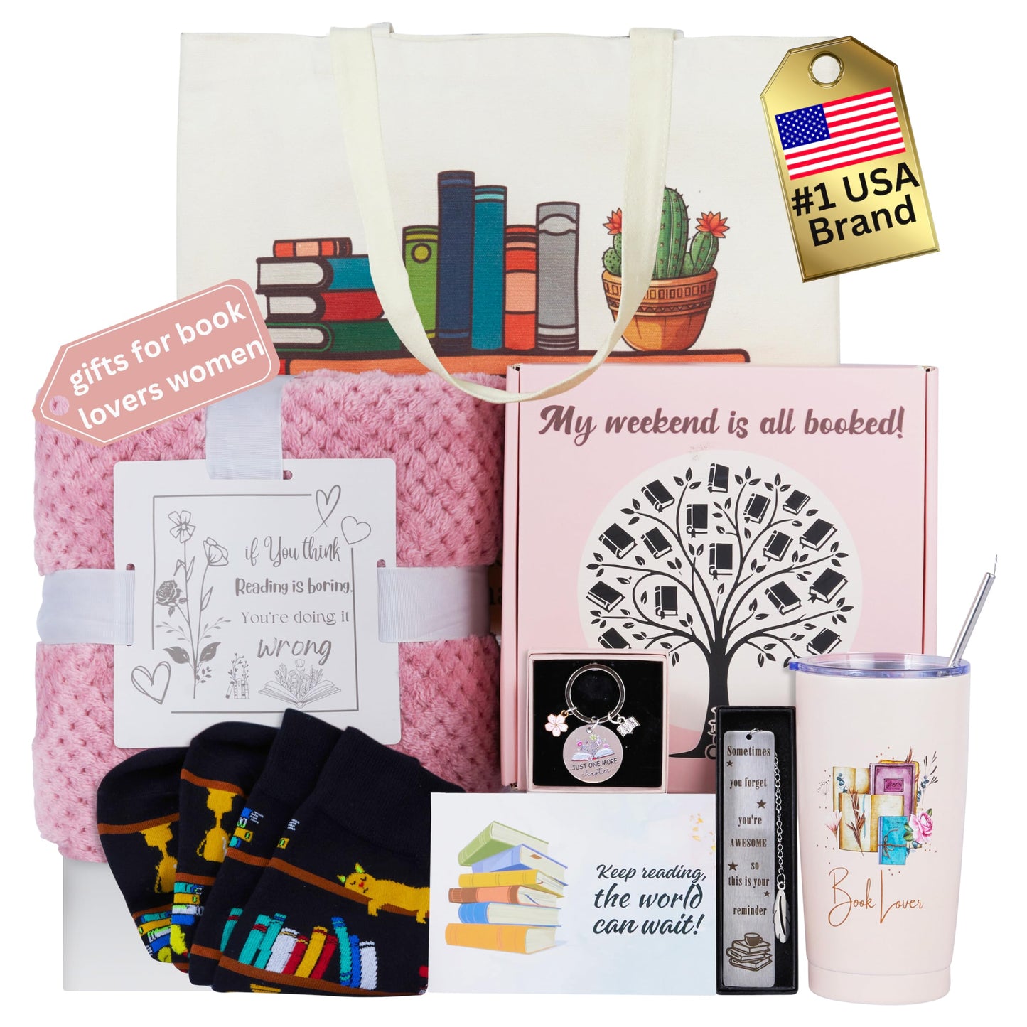 Luxury Book Lover Gifts for Women Readers - 8pc Bookish Gift with Premium Blanket & Shatterproof Steel Tumbler, Librarian Bookworm & Book Club Theme Birthday Present, Mother's Day Reading Gifts