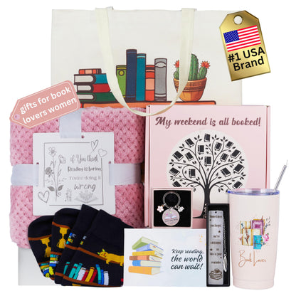Luxury Book Lover Gifts for Women Readers - 8pc Bookish Gift with Premium Blanket & Shatterproof Steel Tumbler, Librarian Bookworm & Book Club Theme Birthday Present, Mother's Day Reading Gifts