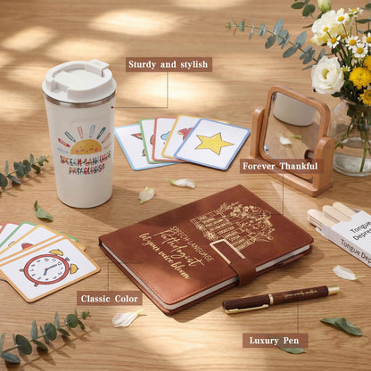 Pickmesh 3 Pcs Speech Pathologist Gifts Set 17 oz Coffee Tumbler A5 Leather Notebook Journal Pen Speech Therapy SLP Gifts for Language Pathologist Graduation Teacher Day Christmas