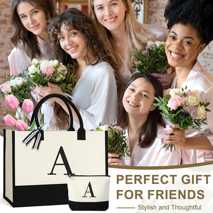 Personalized Canvas Tote Bag for Women Makeup Pouch Initial Beach Bag Removable Bottom Board for Travel Birthday