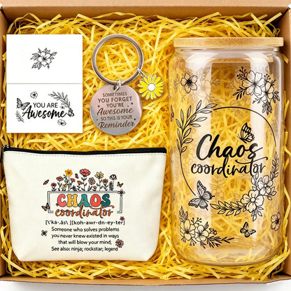 Chaos Coordinator Gifts for Women, Thank You Gift Set with 16OZ Glass Cup Makeup Bag Keychain and Card for Coworker Employee Manager Boss, Mothers Day Birthday Gifts for Mom Teacher