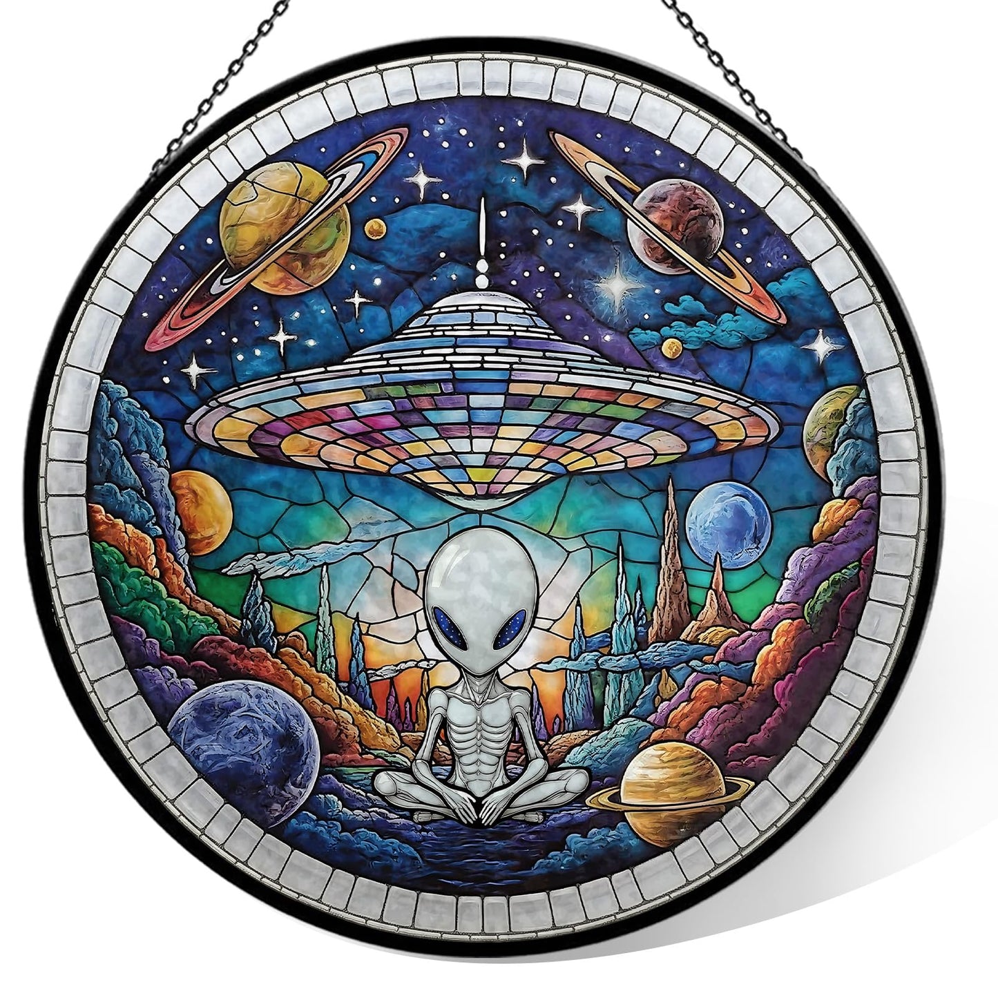 Alien Spaceship Stained Glass Window Hanging, 7.9" UFO Sun Catcher Glass Panel Boho Wall Art Decor, Hand Painted Round Ornament for Friends, Art Lover, Astronomer