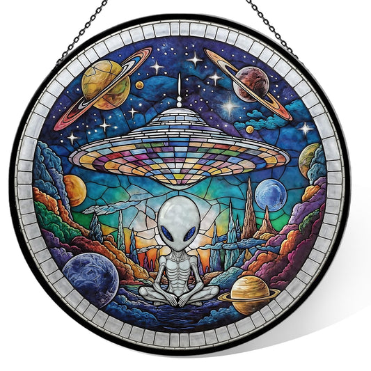 Alien Spaceship Stained Glass Window Hanging, 7.9" UFO Sun Catcher Glass Panel Boho Wall Art Decor, Hand Painted Round Ornament for Friends, Art Lover, Astronomer