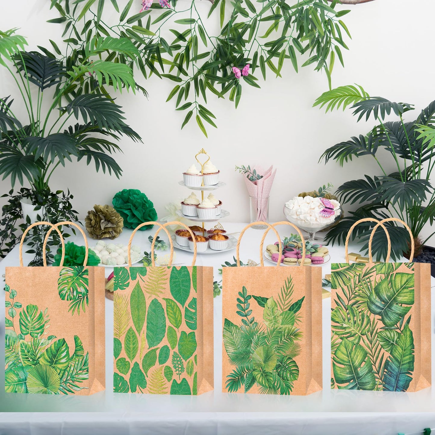 HOWAF 12pcs Summer Tropical Palm Leaves Gift Bags, Tropical Leaf Candy Goody Bag for Hawaii Summer Aloha Tiki Luau Supplies, Green Monstera Leaf Paper Bags for Baby Shower Bachelorette Party