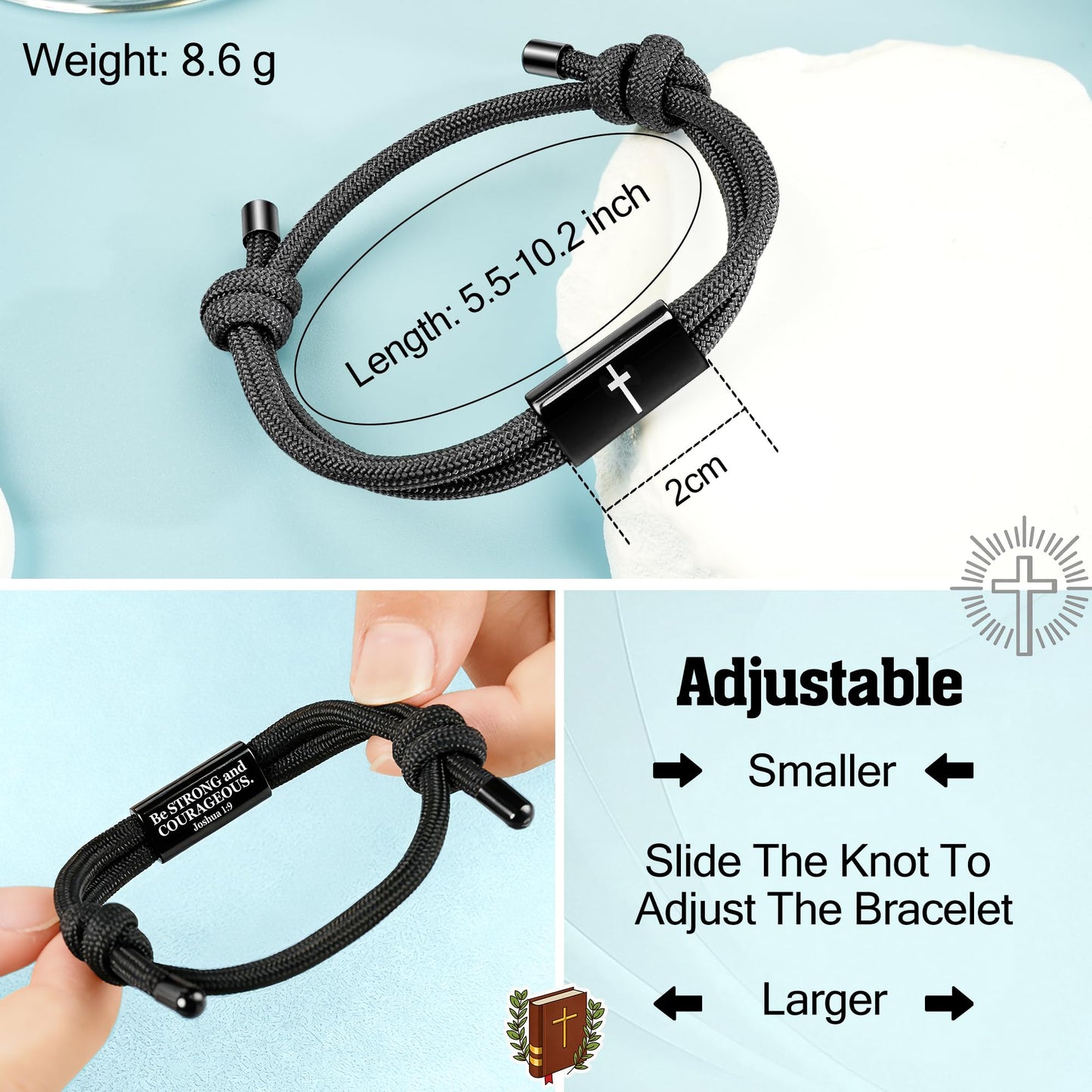PEALICIOUS Cross Bracelet for Boys, Joshua Christian Grad Gifts for Teens, Philippians Confirmation Baptism Birthday Gifts for 9 10 11 13 16 18 21 Years Old Boy, Soccer Baseball Basketball Accessories