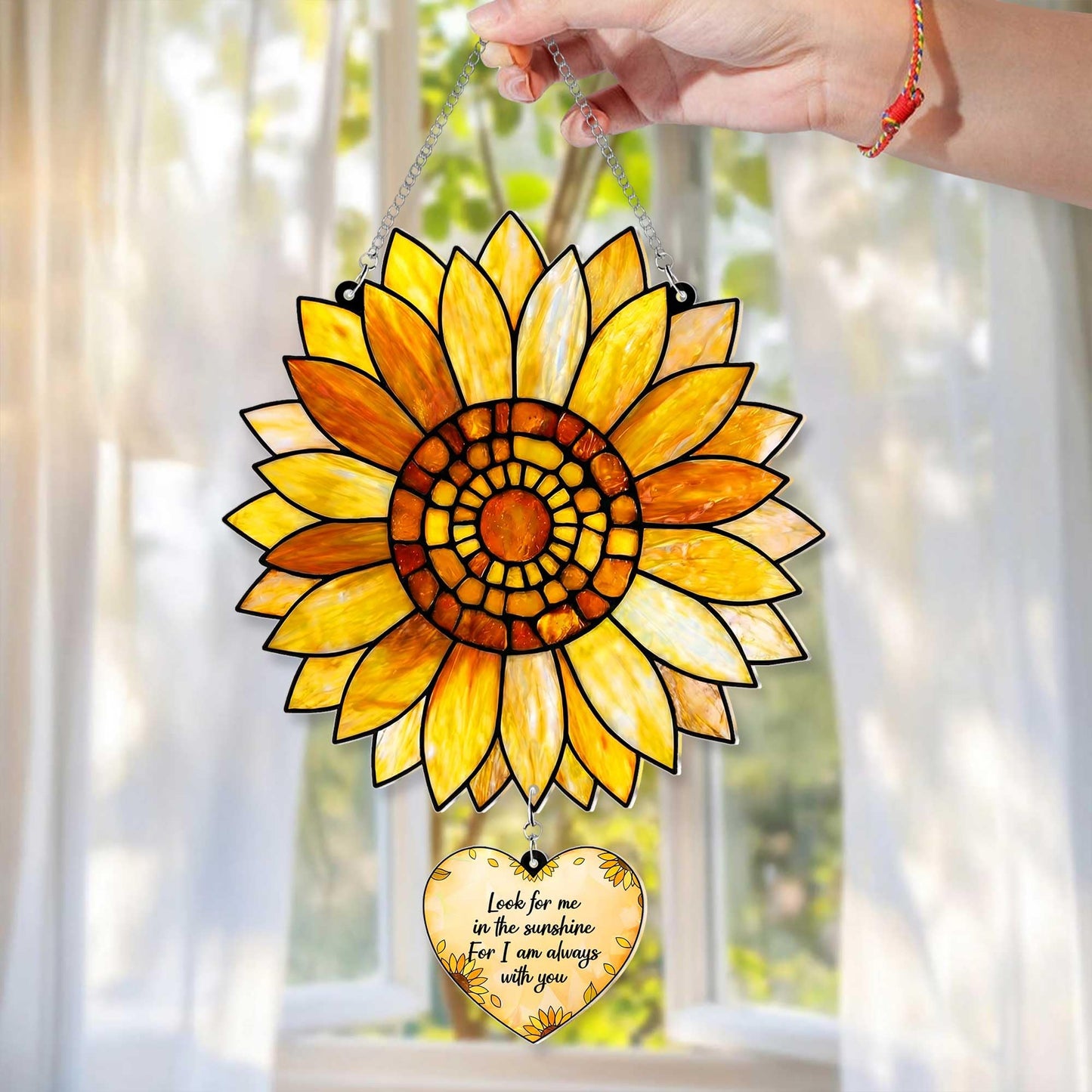 Sunflower Memorial Acrylic Suncatcher with Heart Charm, Memorial Window Hanging, Sympathy Gift for Loss, Remembrance Keepsake, Bereavement Gifts Ideas, Memorial Gifts