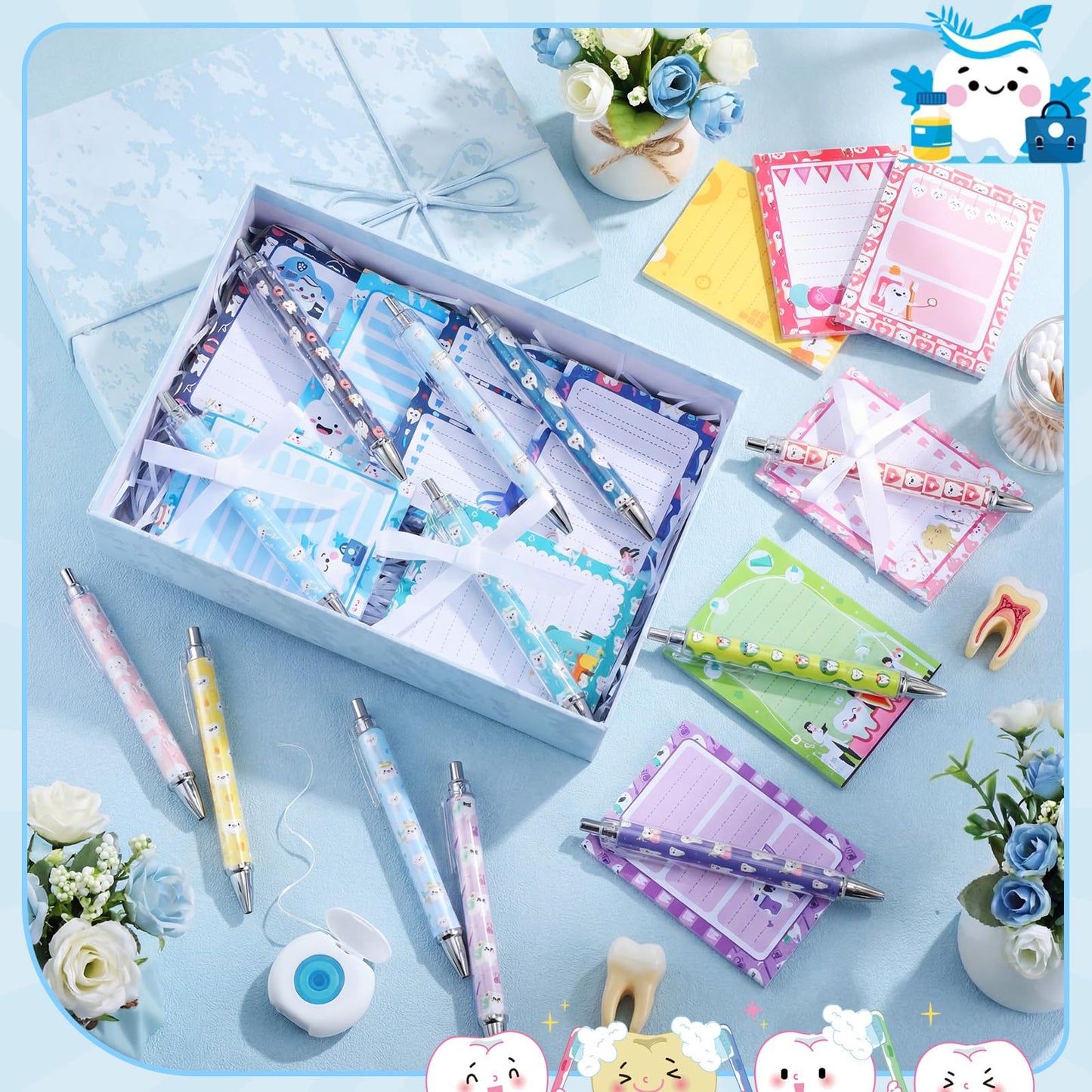 Eaasty 48 Pcs Dental Hygienists Gifts Bulk Tooth Notepads and Ballpoint Pens with Ribbon Dental Assistant Appreciation Gifts for Dentist, Nurse, Doctor, Staff, Coworker