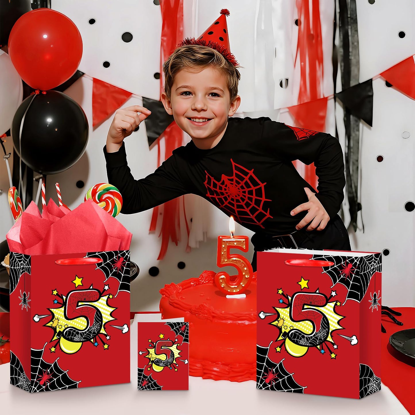 Spider 5th Birthday Gift Bag with Tissue Paper and Card Black Red Spider Web Birthday Gift Wrapping Paper Bag 5 Years Old Treat Candy Bags with Handle for Kids Baby Shower Bday Party Decorations