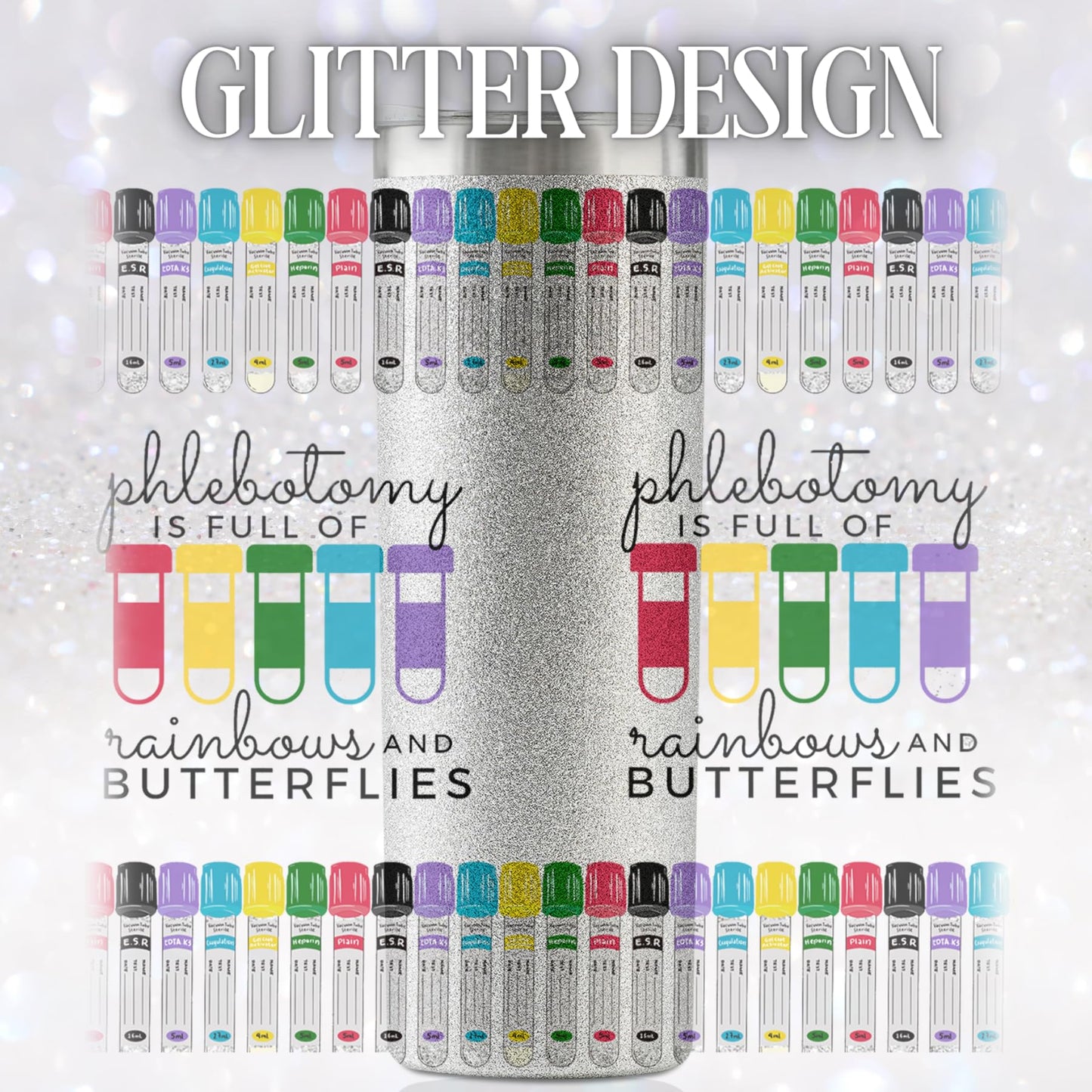 Onebttl Nurse Gifts for Women - Phlebotomy Gifts - Phlebotomist Graduation Gifts - Nurse Week Day Gifts - Phlebotomy is Full of Rainbows and Butterflies, 20oz Glitter Insulated Tumbler Cup with Straw