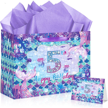 LUUFILx 5th Mermaid Birthday Gift Bag for Girls 5th Purple Mermaid Theme Birthday Wrapping Paper with Tissue Paper Greeting Card Purple Gift Bags with Ribbon Handle for Baby Shower Decor Supplies