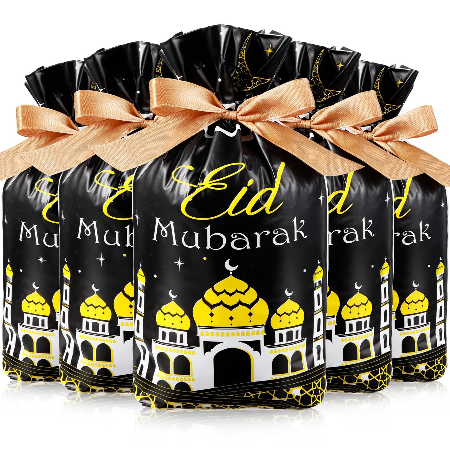 Blulu 50 Pcs Eid Mubarak Gifts Bags Plastic Ramadan Gift Bags Arabesque Moon Bulk Mosque Happy Eid Theme Goodie Pouches for Muslim Mubarak Party Candy Wrapping Supplies Decorations(Black)