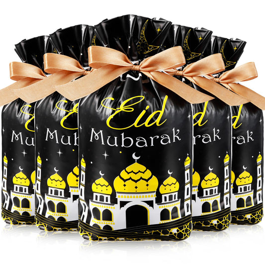 Blulu 50 Pcs Eid Mubarak Gifts Bags Plastic Ramadan Gift Bags Arabesque Moon Bulk Mosque Happy Eid Theme Goodie Pouches for Muslim Mubarak Party Candy Wrapping Supplies Decorations(Black)