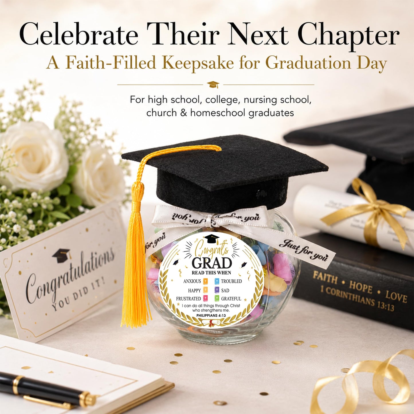 Graduation Bible Verses Jar with Grad Cap and Meaningful Cards, 2026 Graduation Gift for Him Her, Cute Congrats Class Middle High School College Congrats Grad Decor