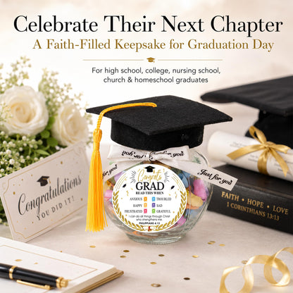 Graduation Bible Verses Jar with Grad Cap and Meaningful Cards, 2026 Graduation Gift for Him Her, Cute Congrats Class Middle High School College Congrats Grad Decor