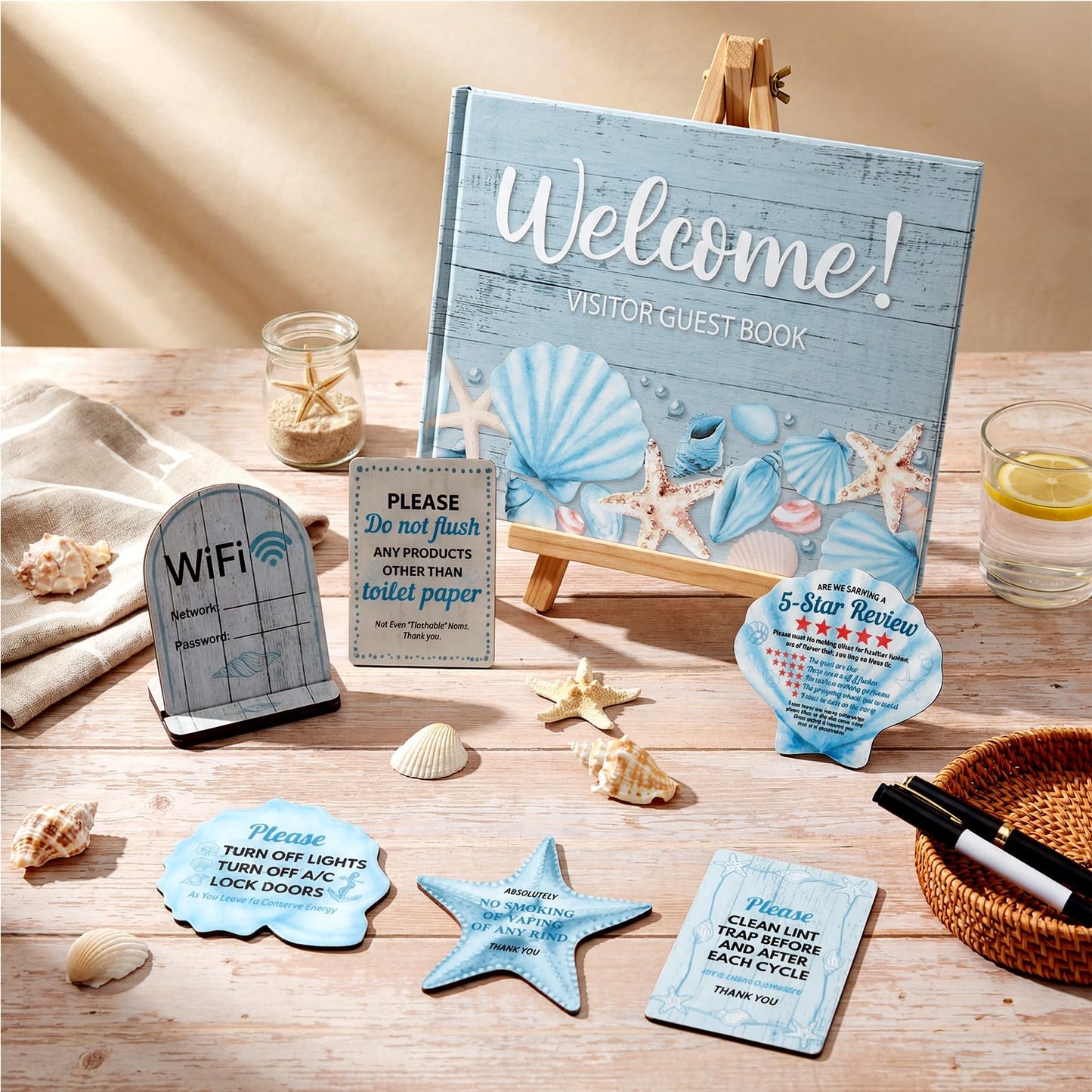 Eaasty 9 Pcs Rental House Essentials for Hosts 10 x 8 Inches 120 Pages Coastal Cabin Guest Book for Vacation Home Guesthouse Welcome Log Short Term Rentals Sign and Fridge Magnets
