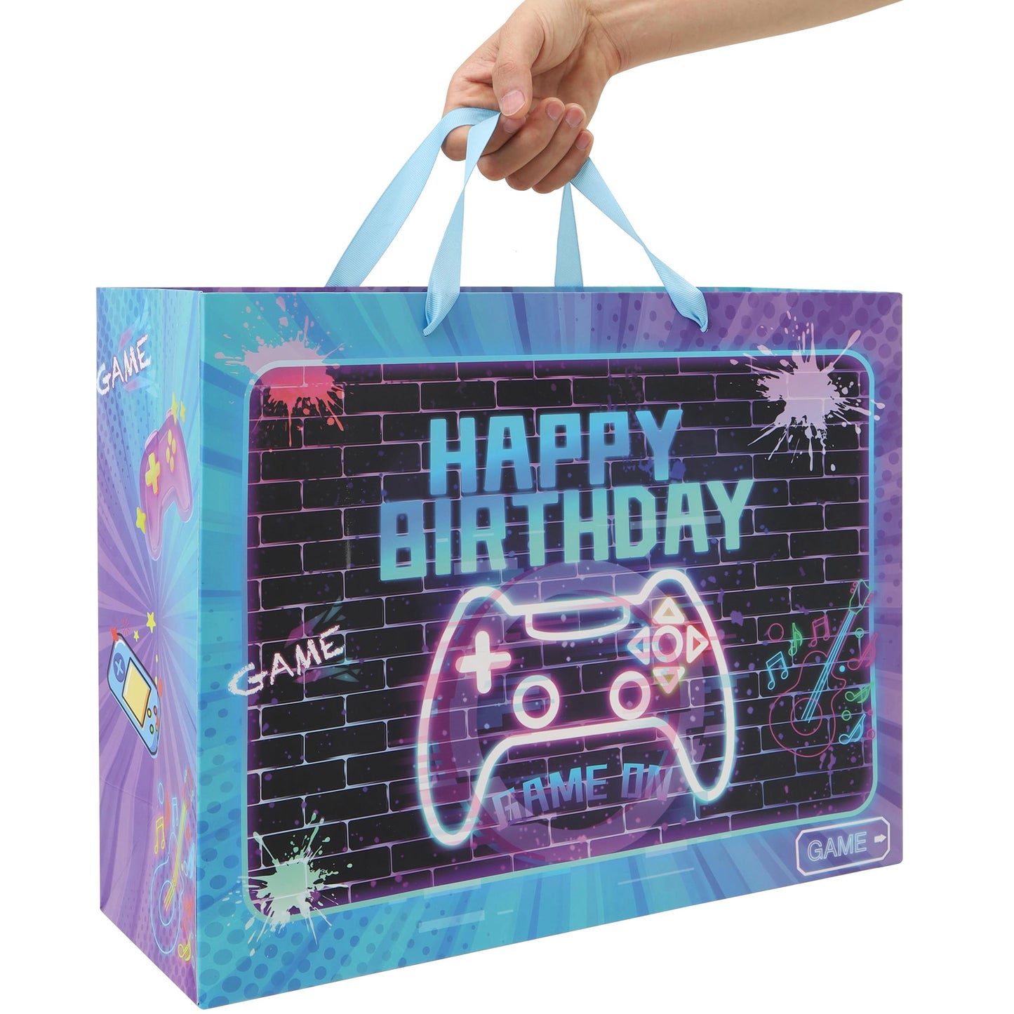 wishinside 16.5'' Extra Large Gamer-themed Birthday Gift Bag Set with Handles, Greeting Card, Tissue Papers and Stickers for Boys Girls Kids Teens Men Women, Game Design, 1 Pcs
