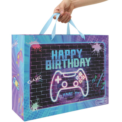 wishinside 16.5'' Extra Large Gamer-themed Birthday Gift Bag Set with Handles, Greeting Card, Tissue Papers and Stickers for Boys Girls Kids Teens Men Women, Game Design, 1 Pcs