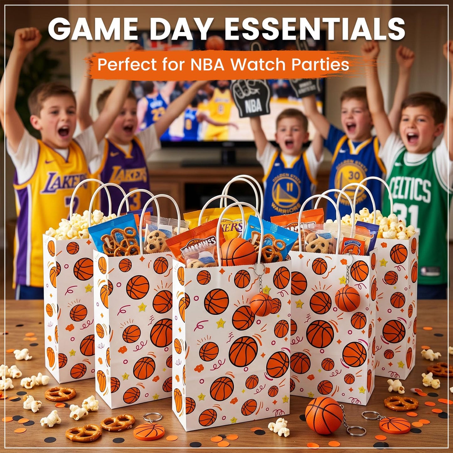 VGOODALL 16 Pack Gift Bags, 5.5" x 2.8" x 8" Basketball Party Favor Bags with Handles for Sports Theme Birthday Party Supplies