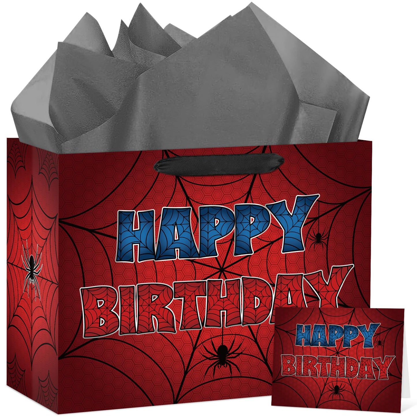 Hooqict Spider Gift Bag Happy Birthday Gift Wrapping Bag with Handles, Tissue Paper, Greeting Card for Kids Boys Teens Men Goodie Candy Treat Gift Box Spider Web Birthday Party Favors